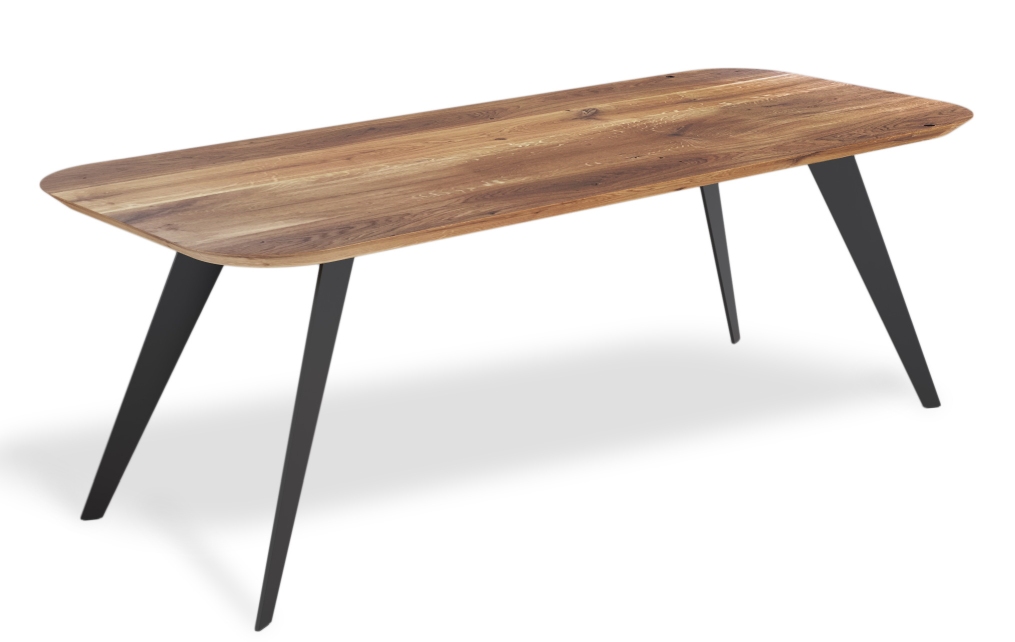 Enke Esstisch: Rechteckiger Holztisch mit abgerundeten Ecken und schwarzen Metallbeinen. Moderner Esstisch für Esszimmer.