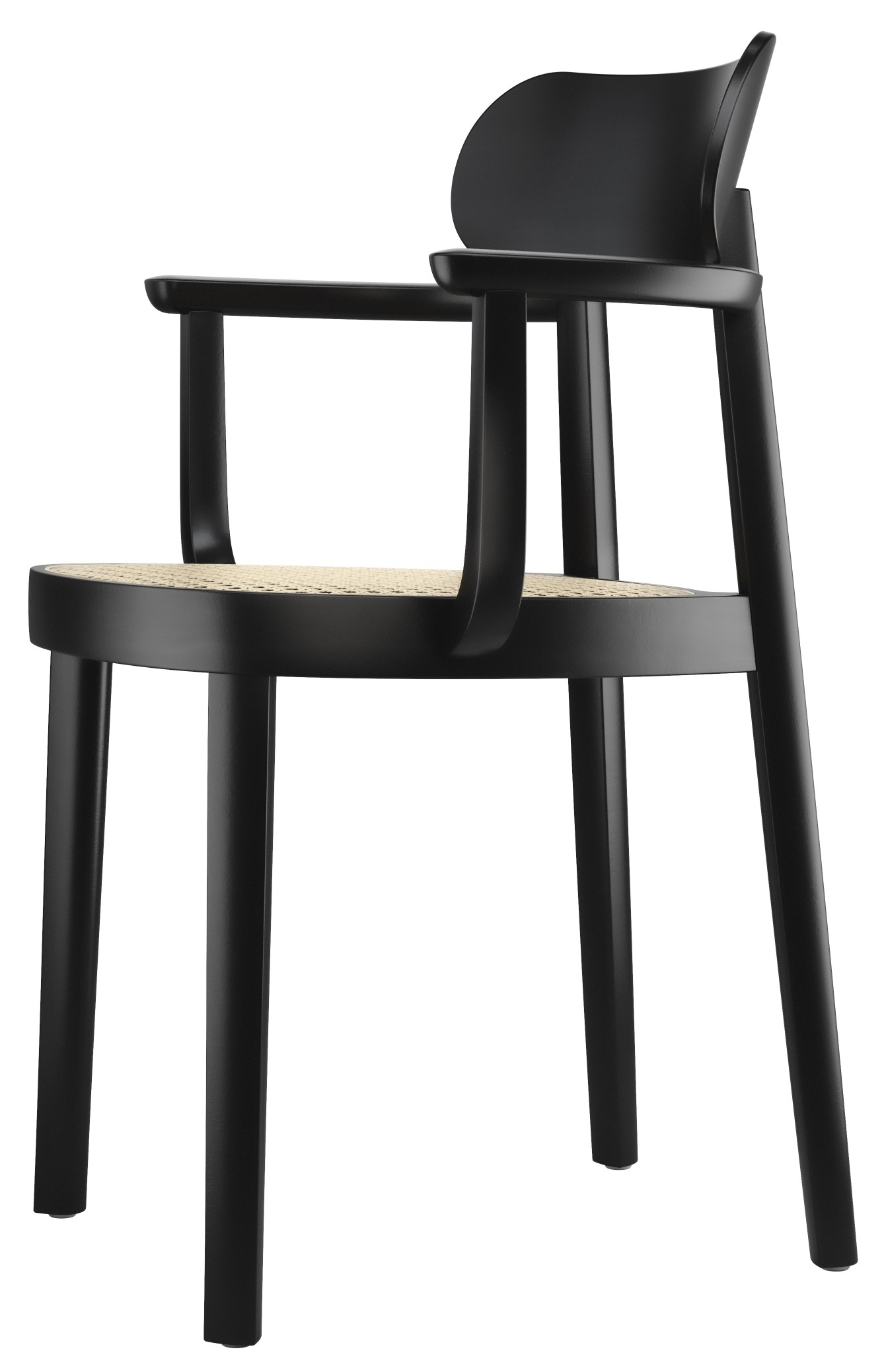 Schwarzer Holzstuhl mit Armlehnen und Wiener Geflecht, Modell 118F von Thonet, seitliche Ansicht.