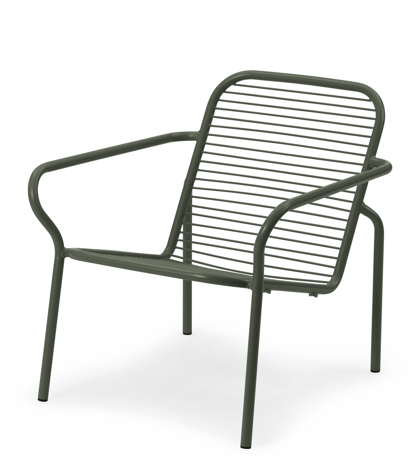 Normann Copenhagen Vig Lounge Chair Sessel für den Außenbereich, grünes Metallgestell mit horizontalen Streben.