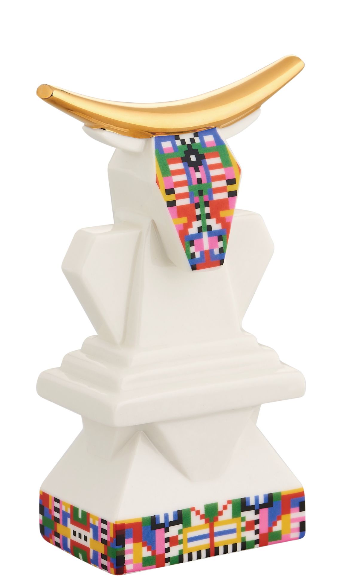 Alessi Kuh Porzellanfigur ESA05, weiß mit goldenen Hörnern und bunten Pixelmustern, Deko-Objekt.