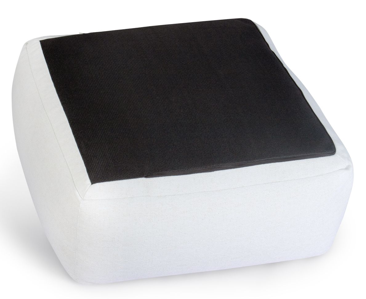 Weishäupl Maliha Lounge Hocker, eckig, weiß mit schwarzer Sitzfläche, für den Außenbereich.