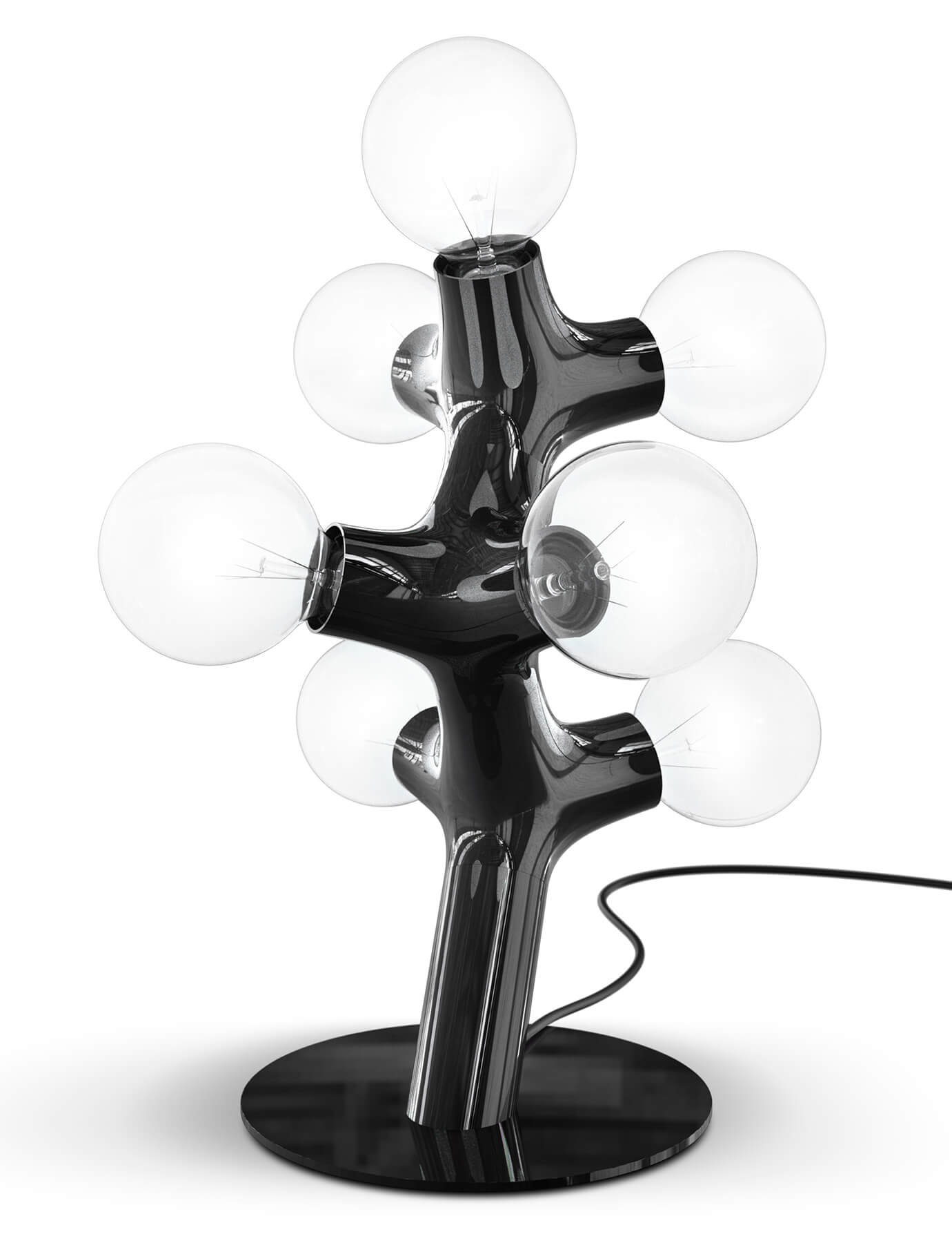 Schwarze DNA Tischleuchte mit sieben Glühbirnen. Moderne Designerlampe für Wohnzimmer und Schlafzimmer.