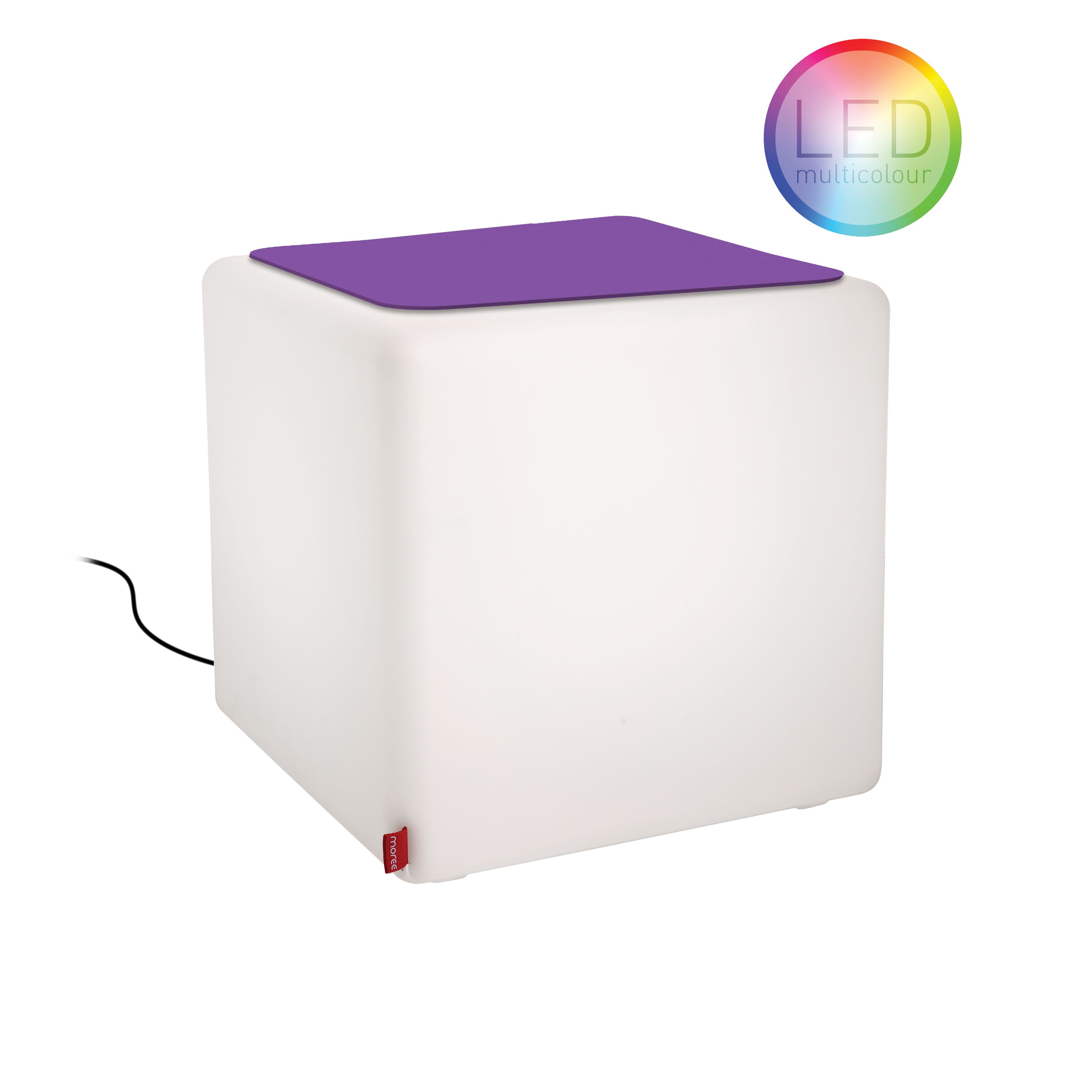 CUBE LED Hocker von Moree mit violetter Auflage, ideal als Beistelltisch für Outdoor.