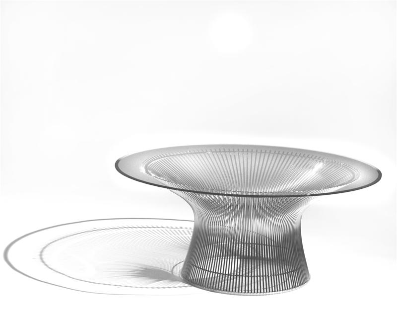 Platner Beistelltisch von Knoll International, moderner Couchtisch mit transparentem Glas und filigranem Drahtgestell.