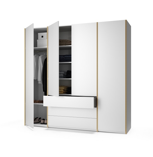 Weißer MODULAR PLUS Schrank von Müller Möbelwerkstätten mit offenen Türen und Schubladen.