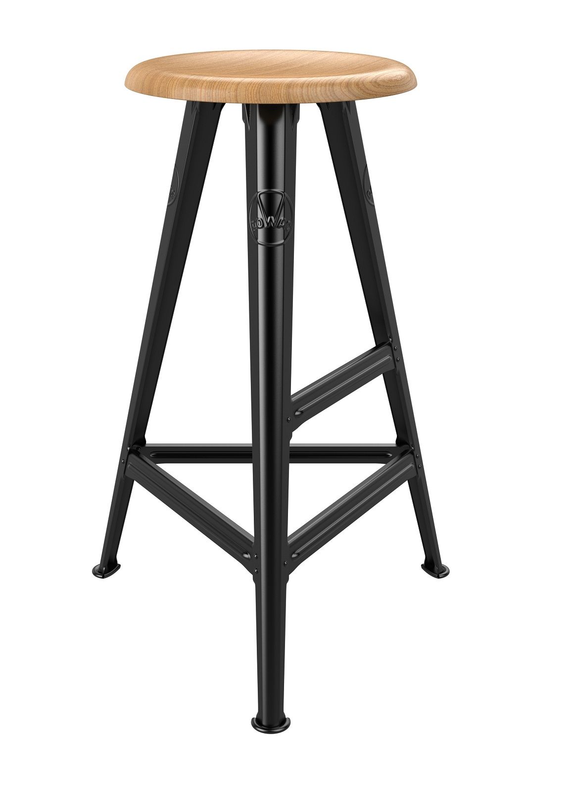 Bild eines Rowac Barhockers, Modell I, 75 cm, mit Holz-Sitzfläche und schwarzem Metallgestell.