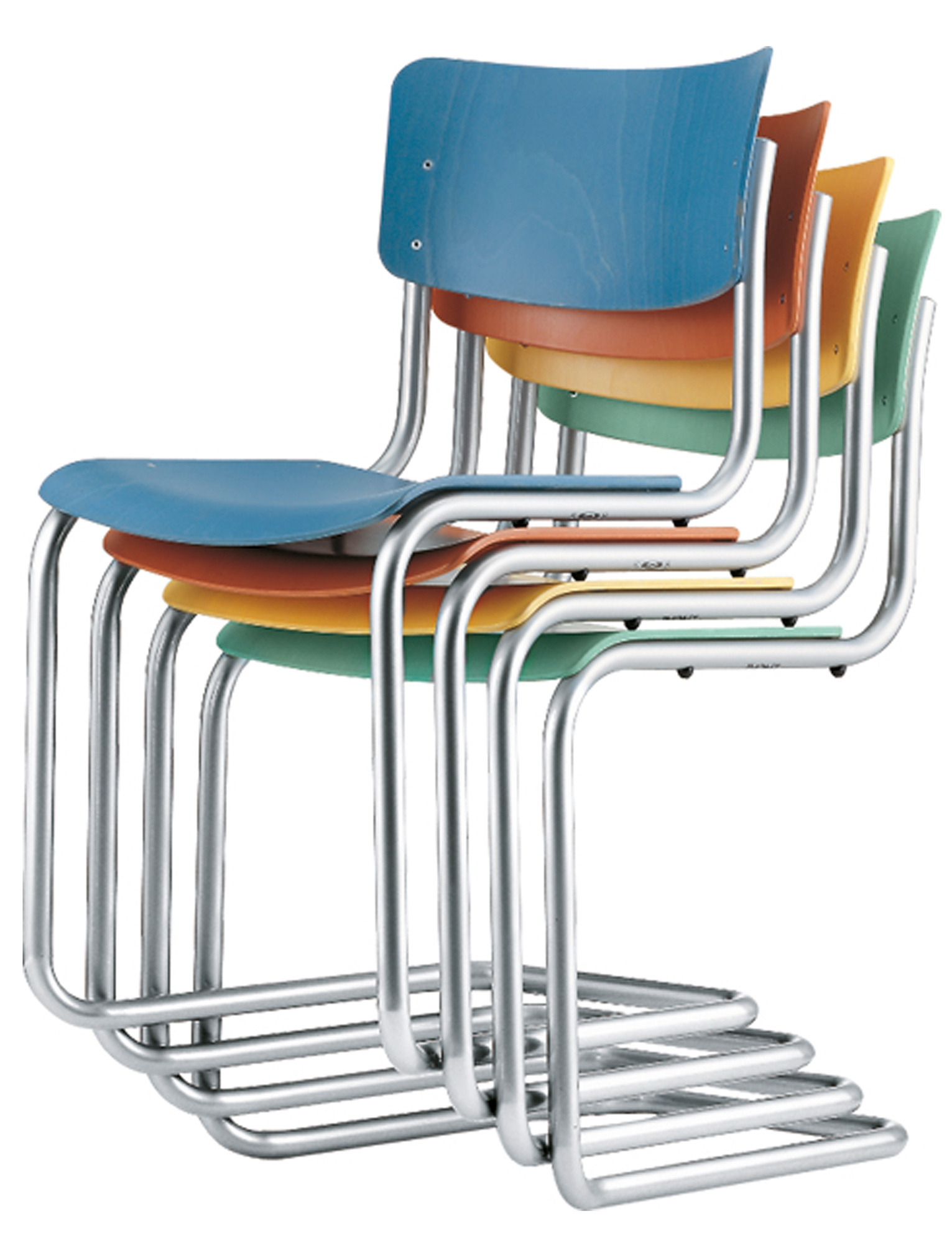 Gestapelte S 43 Freischwinger Stühle von Thonet mit Stahlrohrgestell und farbigen Holzsitzen. Klassisches Design.