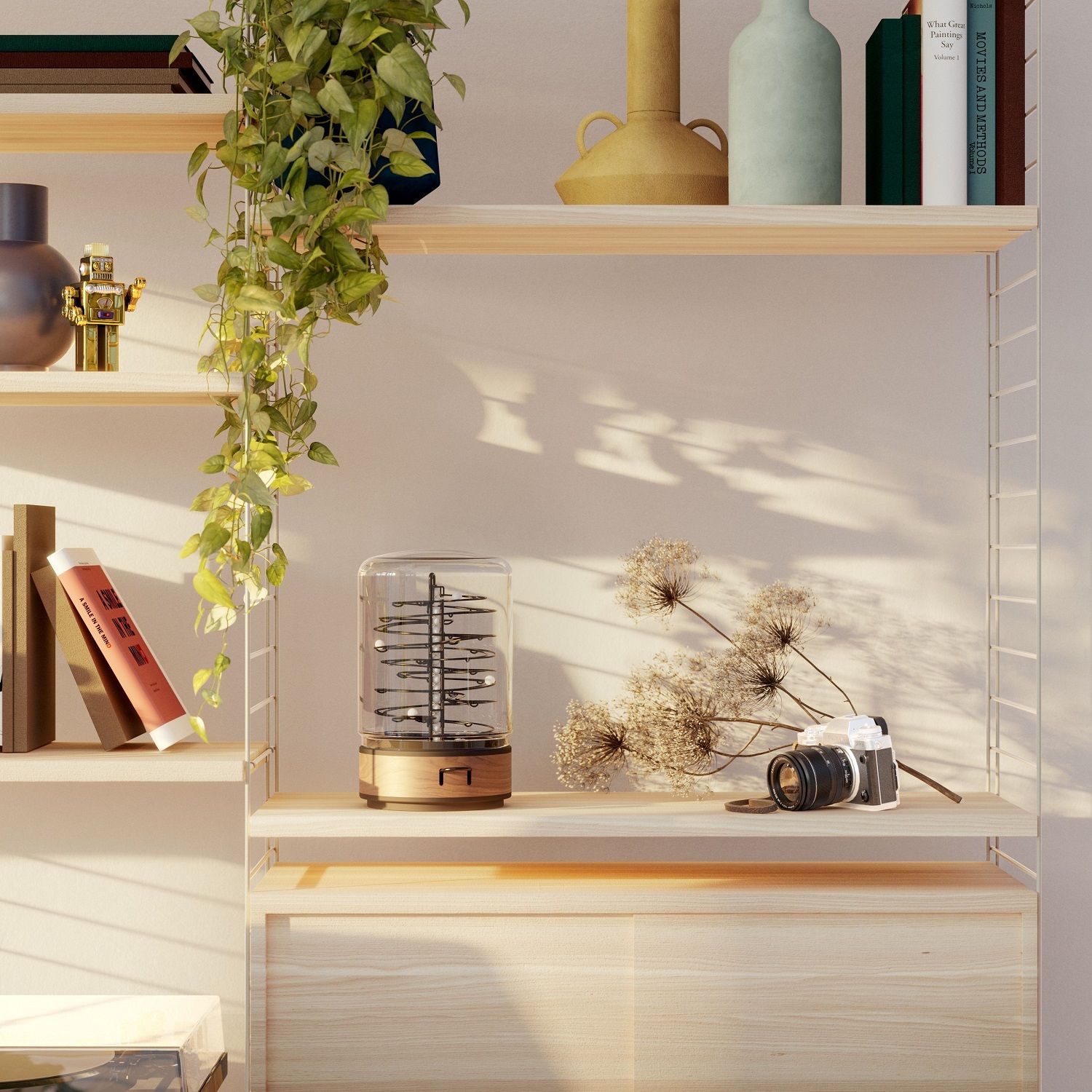 ElectRoll Classic Birch Luftreiniger mit USB-C Kabel auf Holzregal, stilvolle Raumdekoration.