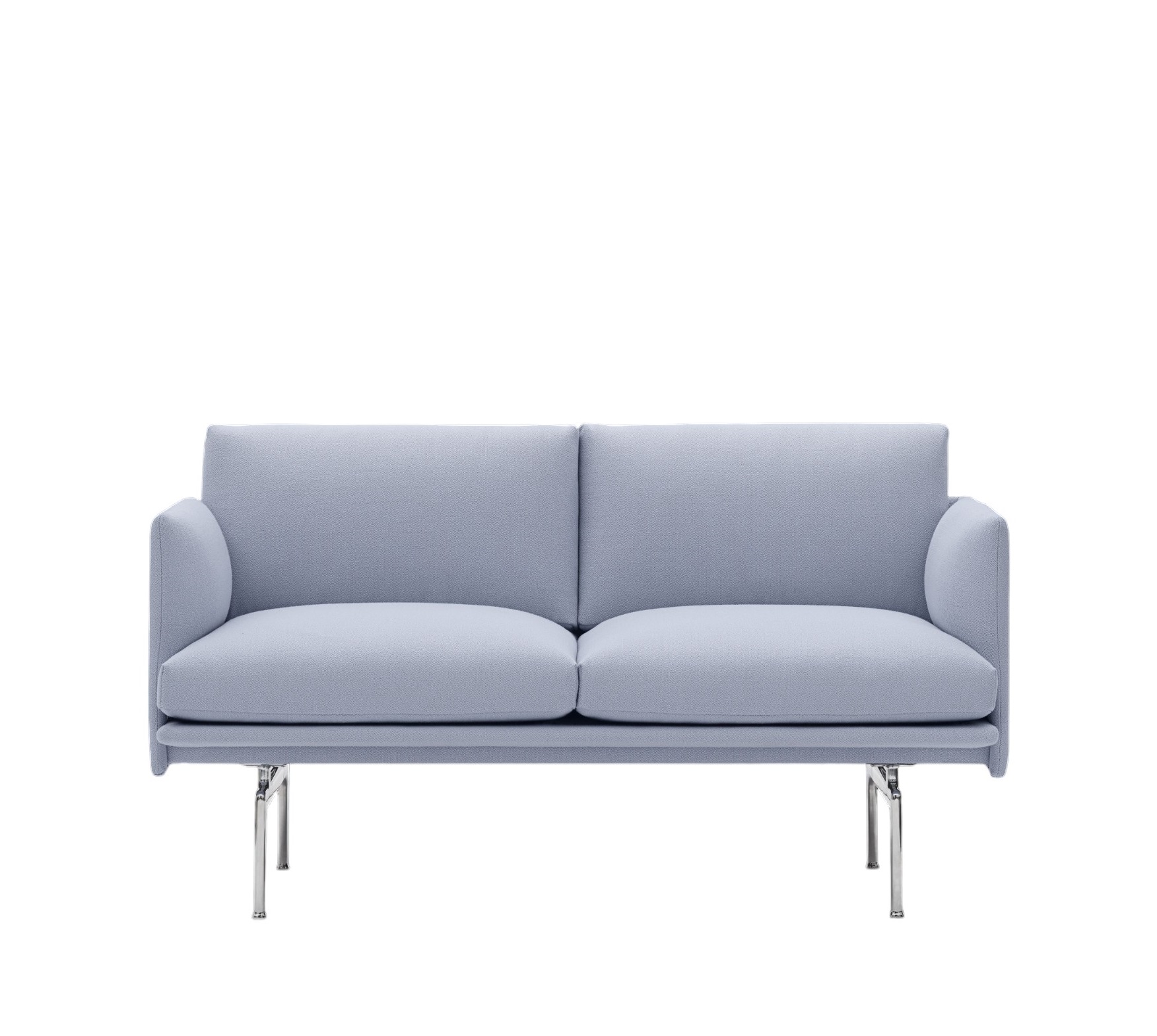Muuto Outline Studio Sofa 140 cm: Hellblaues, modernes 2-Sitzer Sofa mit Chrombeinen. Minimalistisches Design.