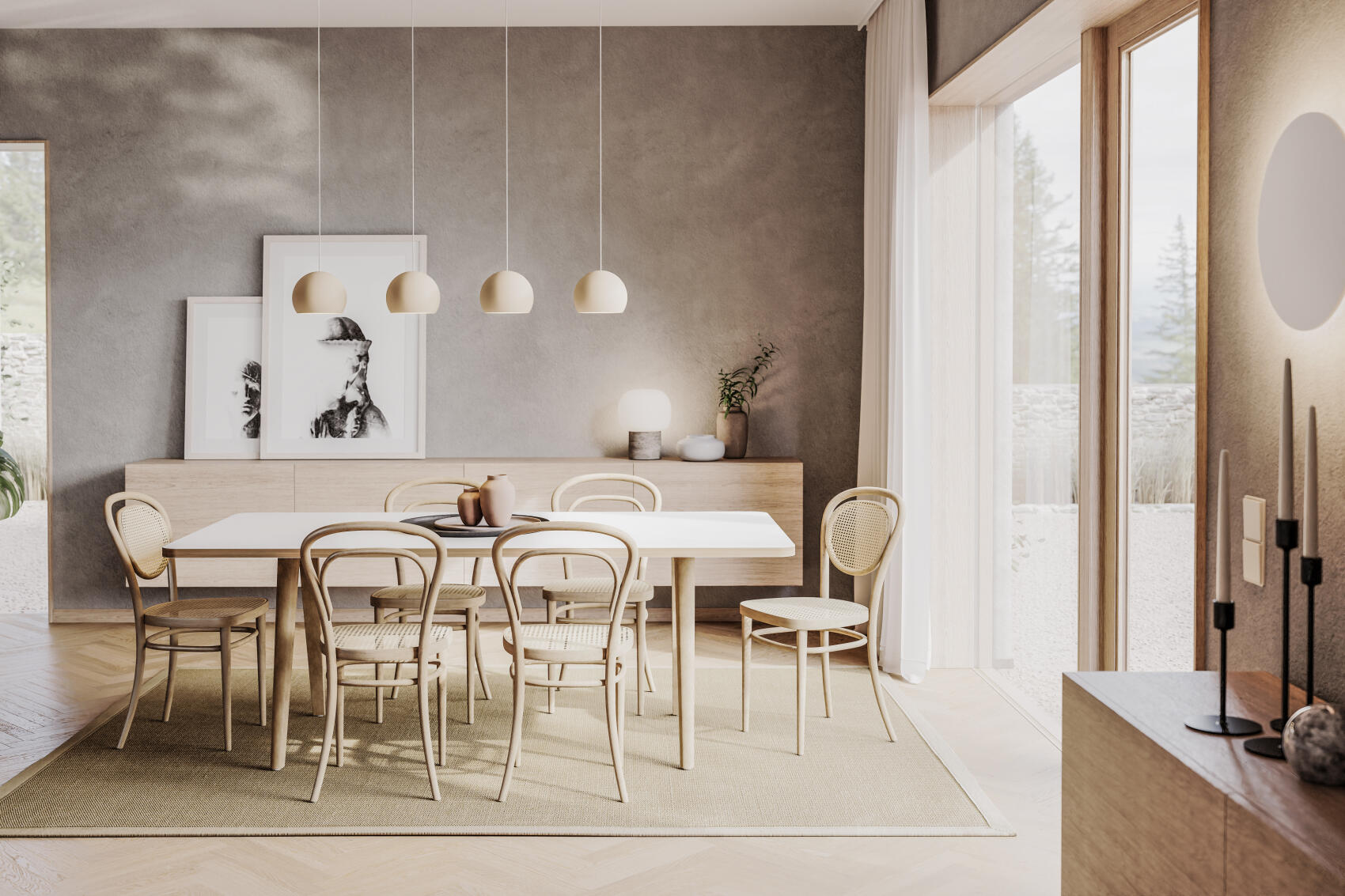 Heller Essbereich mit weißem Esstisch, Rattanstühlen und modernen Pendelleuchten. Skandinavisches Design für stilvolles Wohnen.