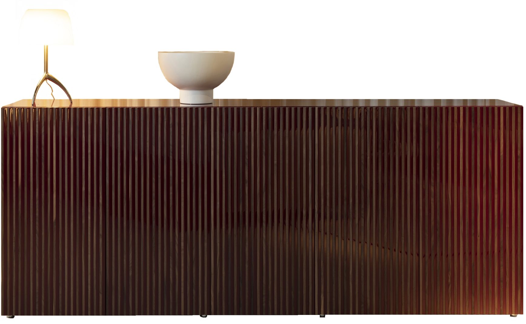 Weinrote Leon Decor Anrichte mit vier Türen und vertikalen Holzleisten. Moderne Kommode für Wohnzimmer.