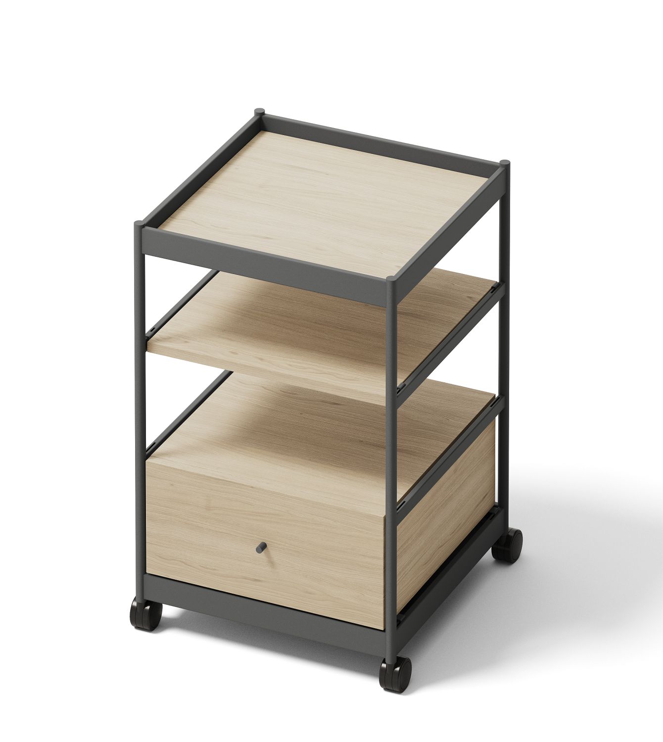 Beside Office Trolley: Mobiles Regalelement/Kommode mit Schublade und zwei offenen Fächern, Eiche Dekor.