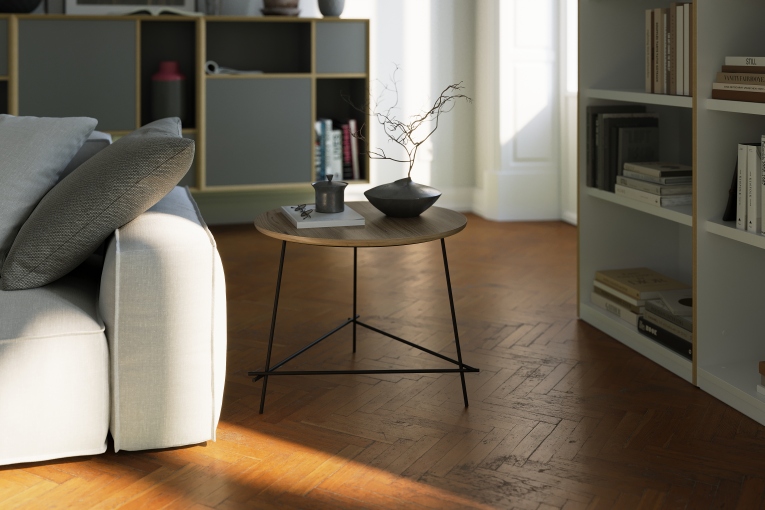 Echo Low Beistelltisch von Müller Möbelwerkstätten: Kleiner, runder Tisch mit schwarzem, mattem Schichtholz und filigranem Gestell.