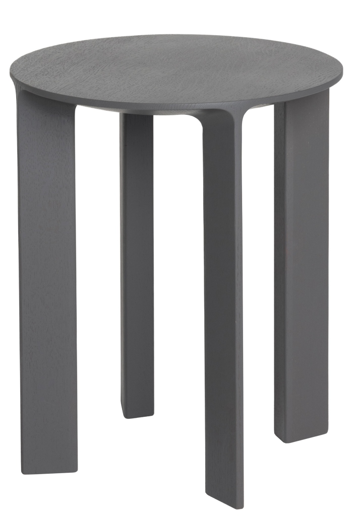 Grauer Schönbuch Hocker Hans aus Holz, runder Sitz und drei Beine.