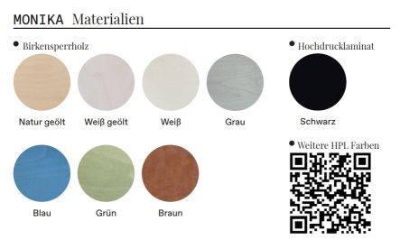 MONIKA Klapptisch: Farb- und Materialauswahl für Tischplatte aus Holz, Laminat und QR-Code.