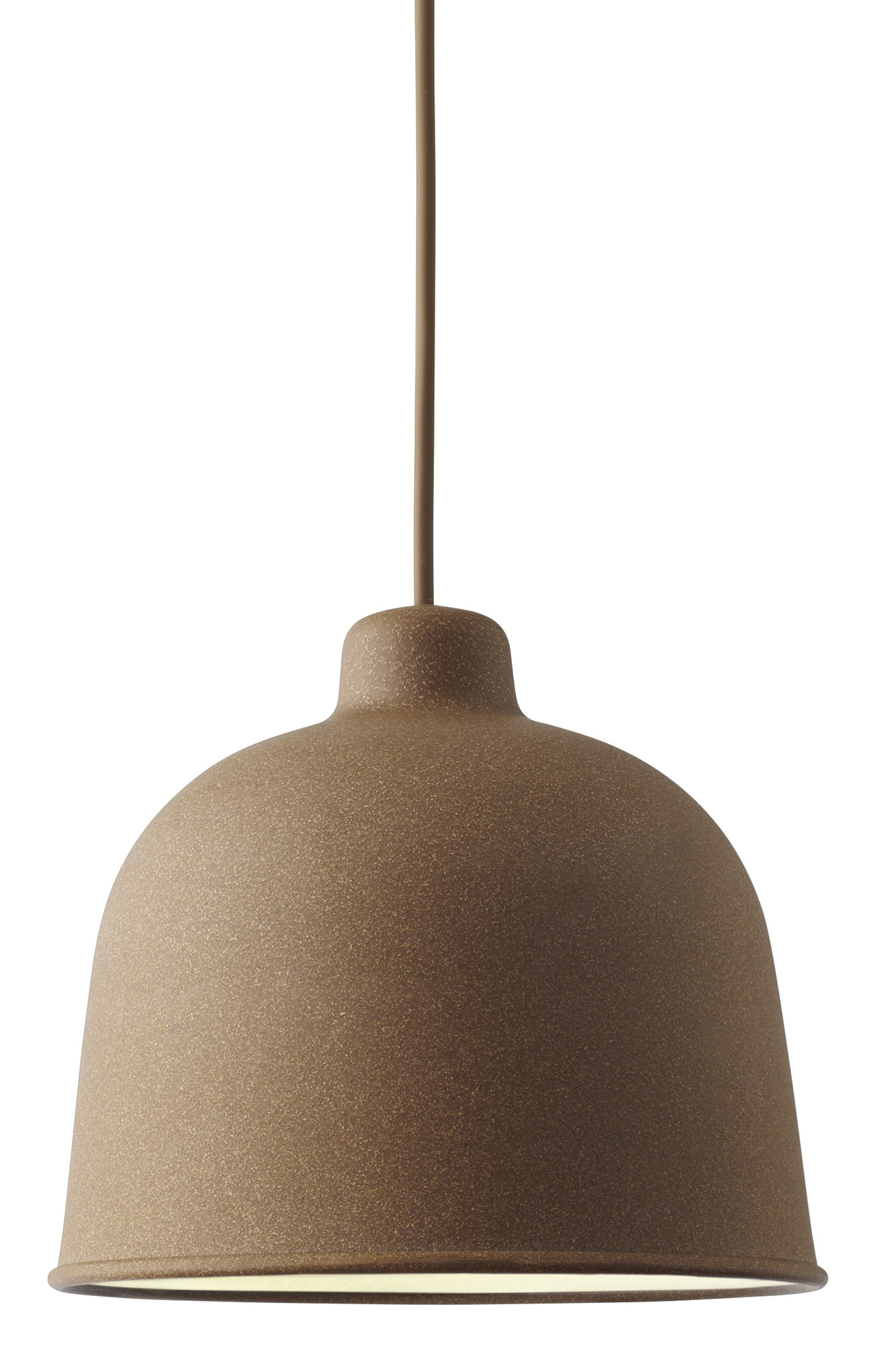 Nahaufnahme der Muuto Grain Pendelleuchte in Natur, moderne Hängelampe für Wohnraumbeleuchtung.