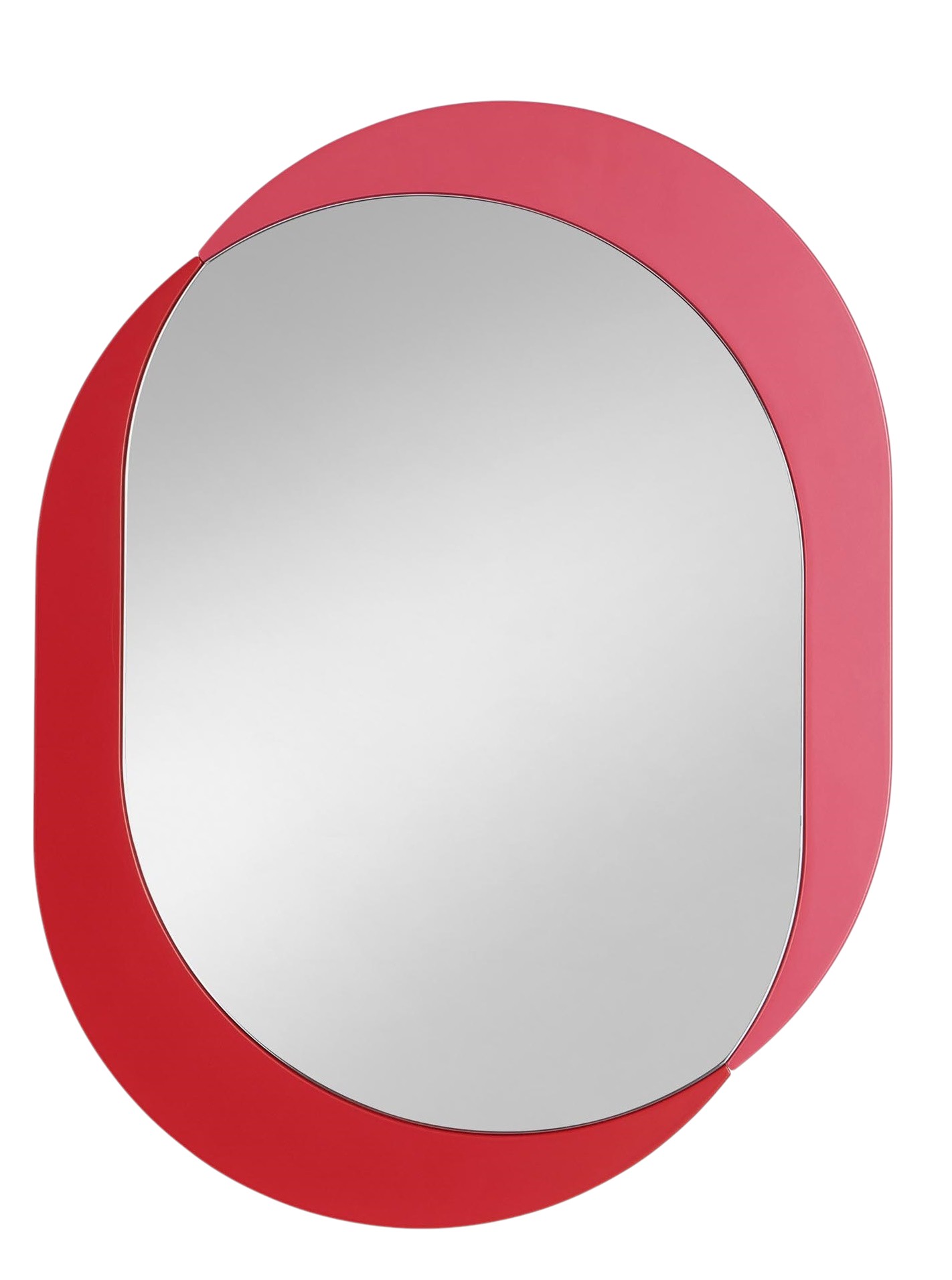 Kimo Wandspiegel von Schönbuch, oval, mit rotem und pinkem Rahmen. Moderner Designspiegel.
