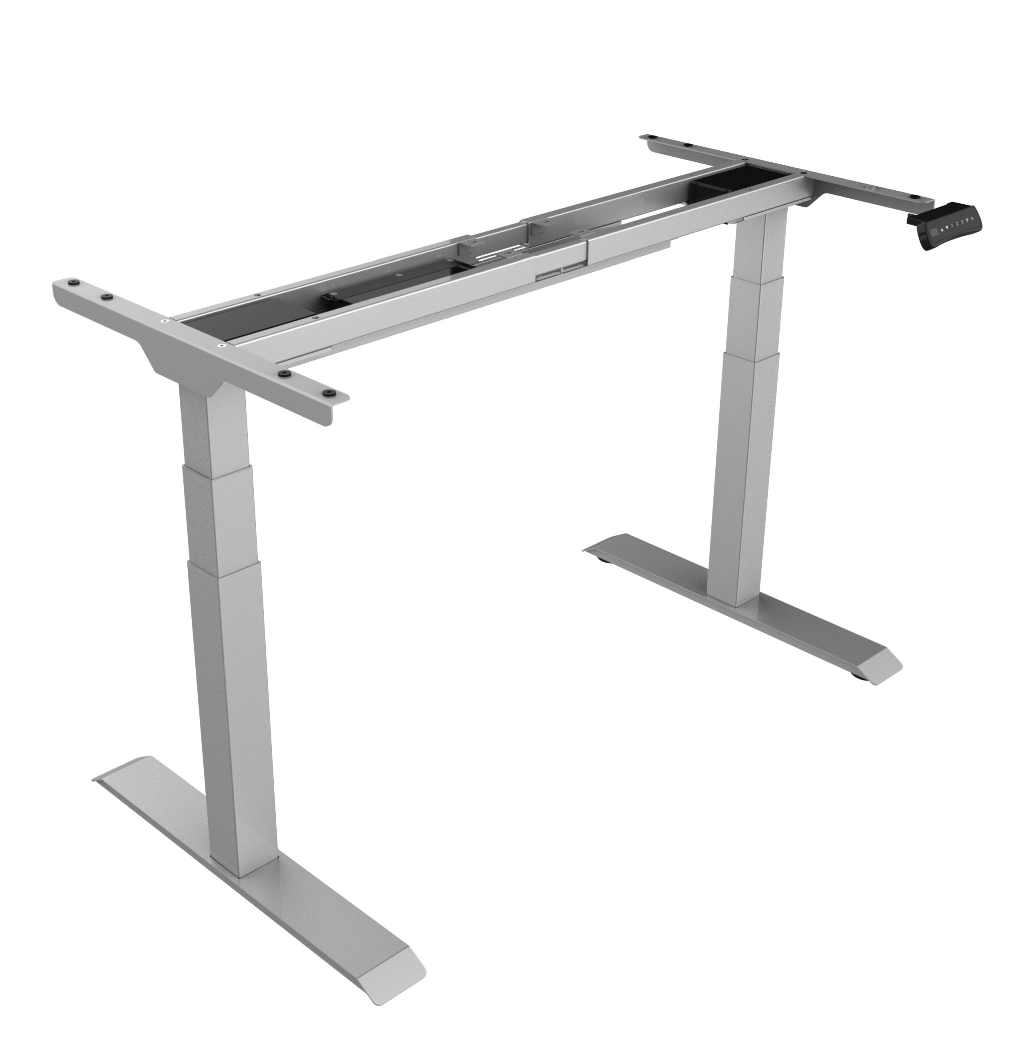 Silbernes Hiplift Untergestell für Schreibtisch, elektrisch höhenverstellbar, ideal für Büro und Homeoffice.