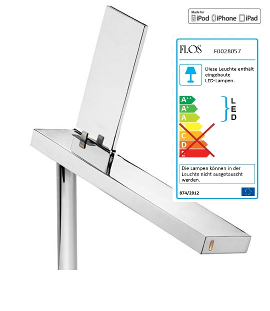 D´E-light Tischleuchte von Flos in Chromoptik. Moderne LED-Tischlampe für Büro und Wohnbereich.