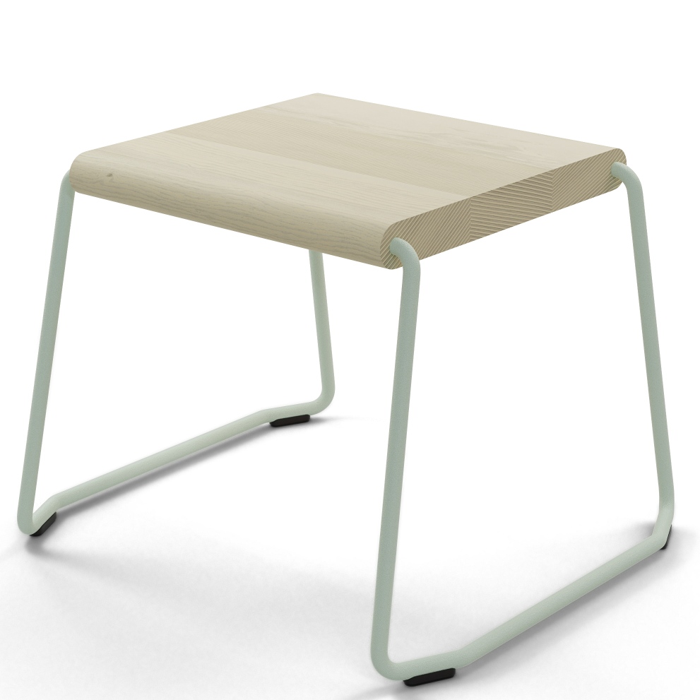 Weißer D:002 Beistelltisch von Fuchs & Habicht mit hellem Holz und mintfarbenem Metallgestell.