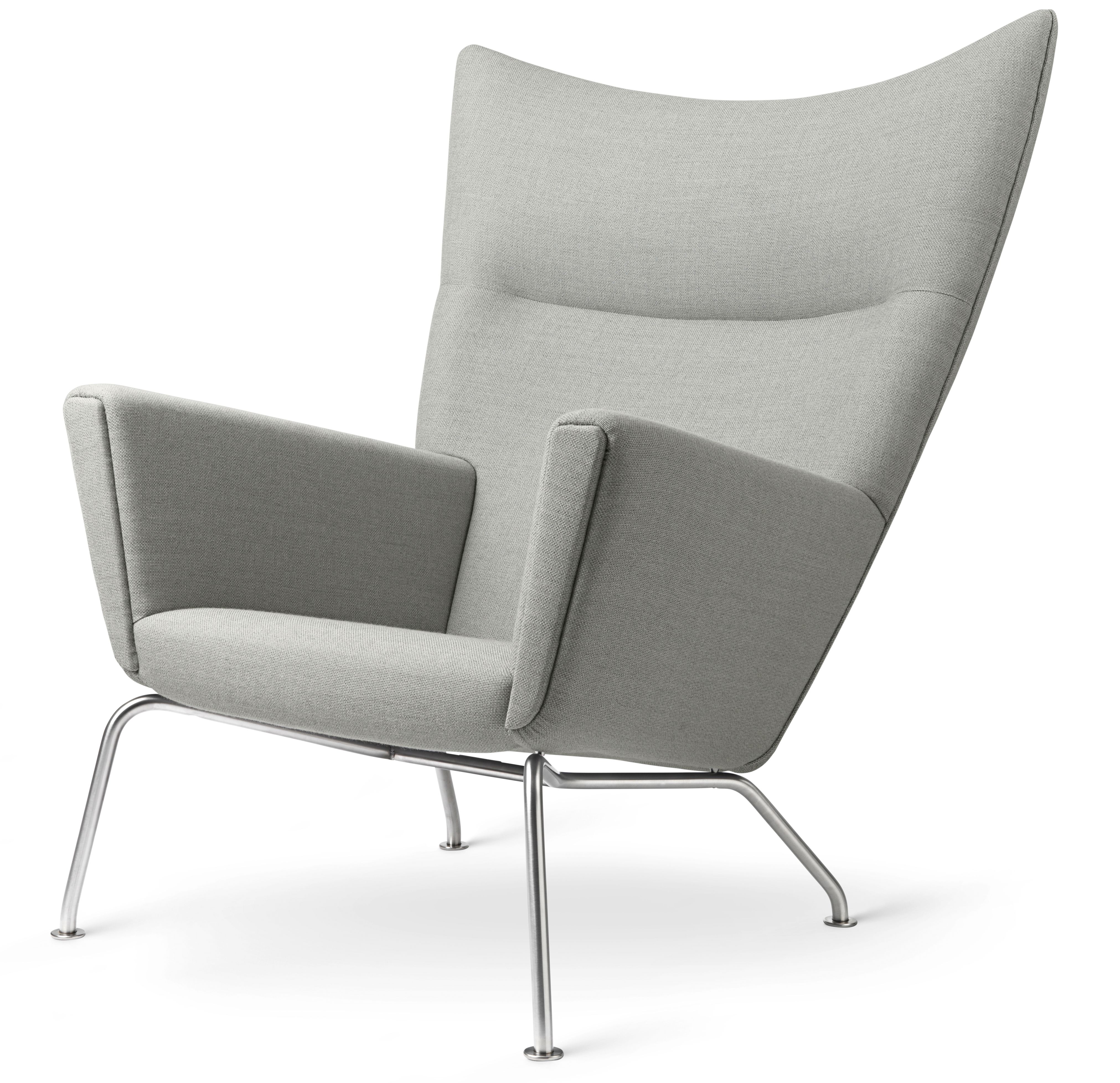CH445 Sessel (Wing Chair) von Carl Hansen & Søn, grauer Stoffbezug und Stahlgestell.