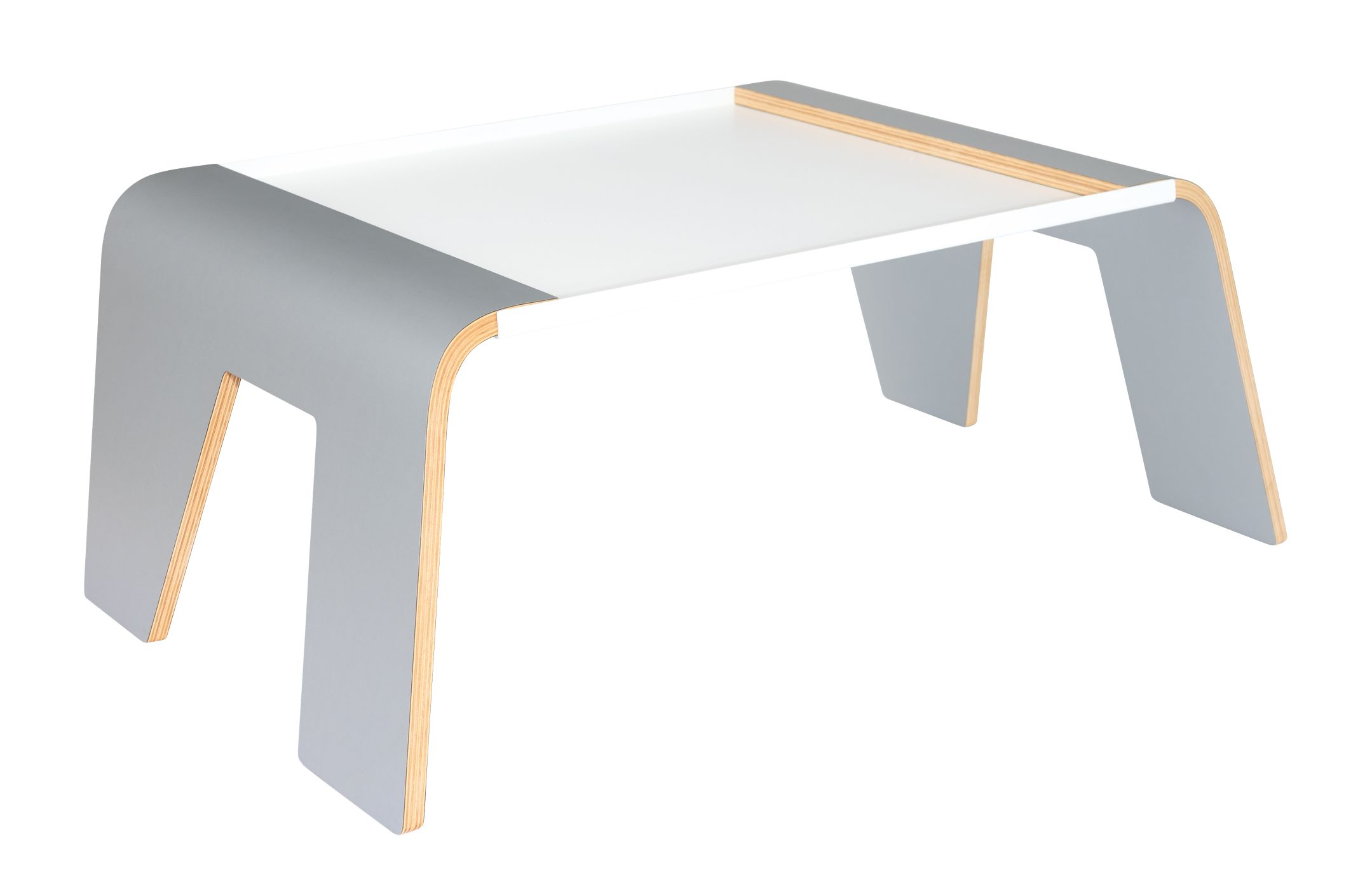 Tojo Notebook-Tablett: Graues, modernes Betttablett mit weißer Tischplatte für Laptop oder Frühstück.