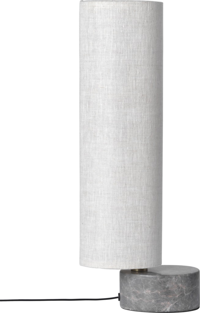 Gubi Unbound Stehleuchte mit zylindrischem Lampenschirm aus Leinen und grauem Marmorfuß, modernes Design.