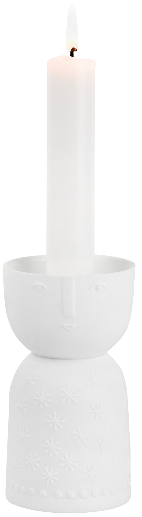 Weißer Porzellan Kerzenhalter "Stella" von Räder mit Gesicht und Sternenmuster, inklusive brennender Kerze.