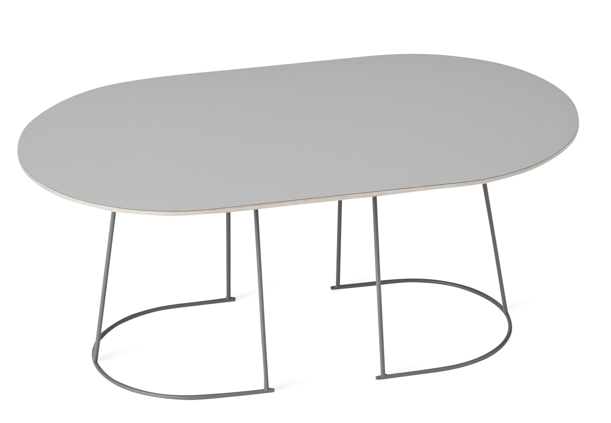 Grauer Airy Coffee Table von Muuto, oval, mit filigranem Metallgestell.