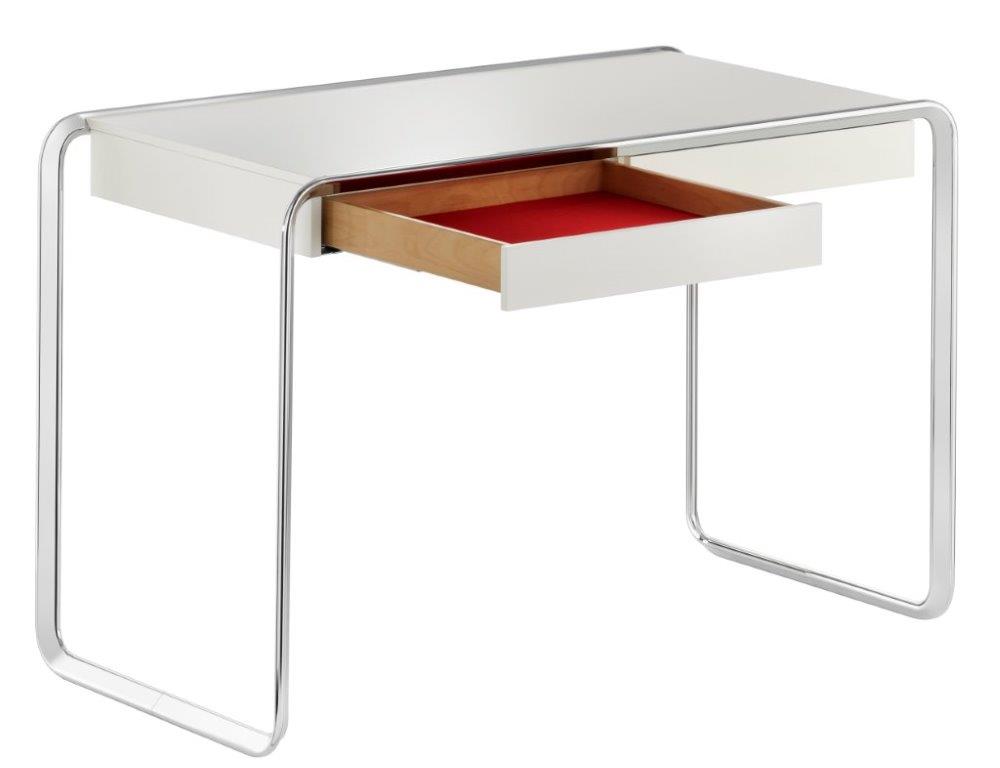 K2D Oblique Schreibtisch von Tecta, weiß mit Chromgestell und offener Schublade mit rotem Innenleben.