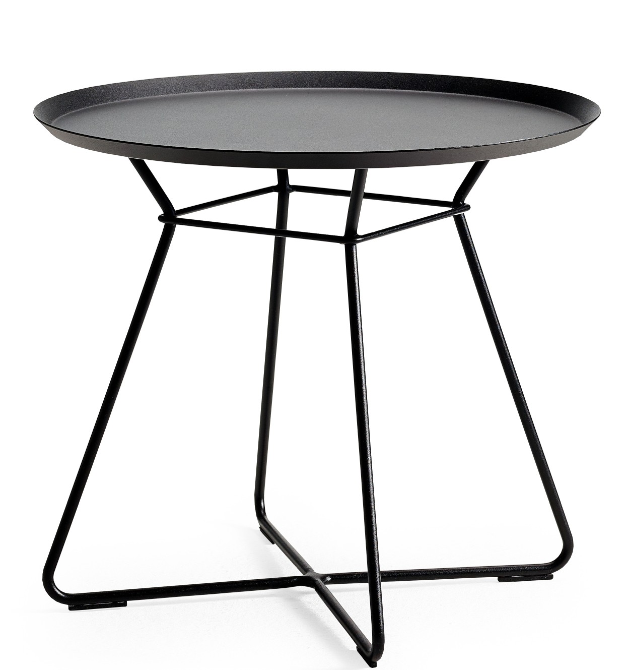 Schwarzer Leya Couchtisch von Freifrau Manufaktur mit runder Tischplatte und filigranem Metallgestell.