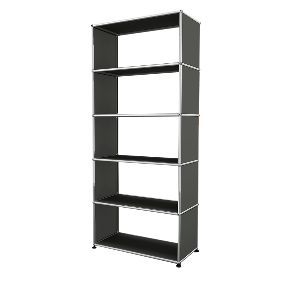 Anthrazitgraues USM Haller Regal mit fünf offenen Fächern und verchromtem Gestell, modernes modulares Design.
