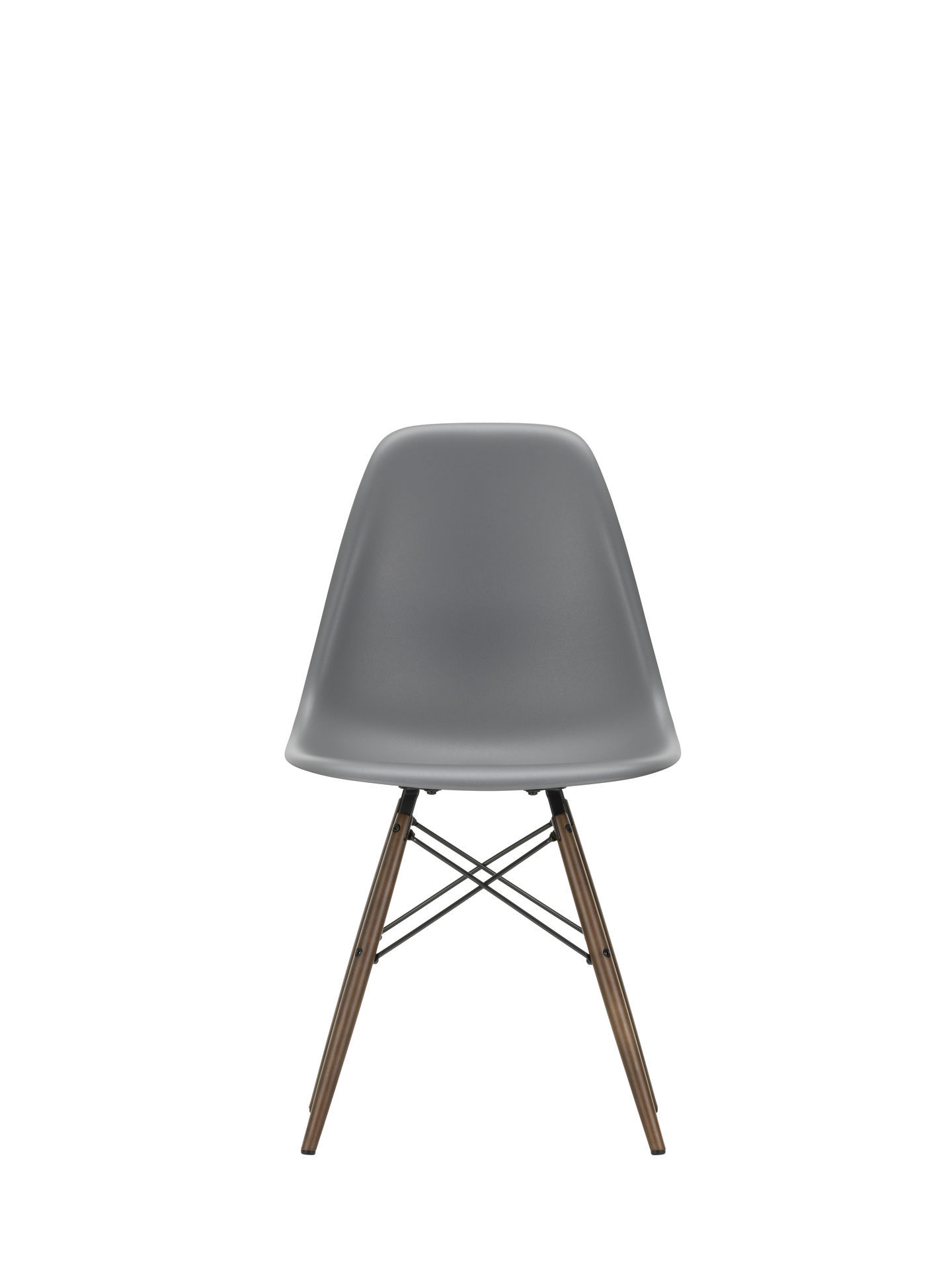 Eames Stuhl DSW Vitra, Eisgraue Sitzschale mit Ahorn-Holzgestell, moderner Designklassiker für Esszimmer und Büro.