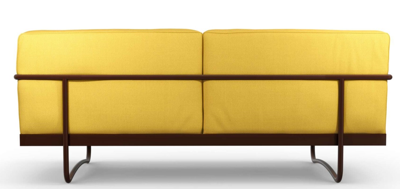 Rückansicht des LC5 Canapé Sofa von Cassina mit gelbem Stoffbezug und braunem Gestell.