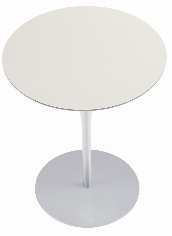 Weißer Atlas Tisch mit runder Tischplatte und silberfarbenem Fuß für Esszimmer oder Büro.