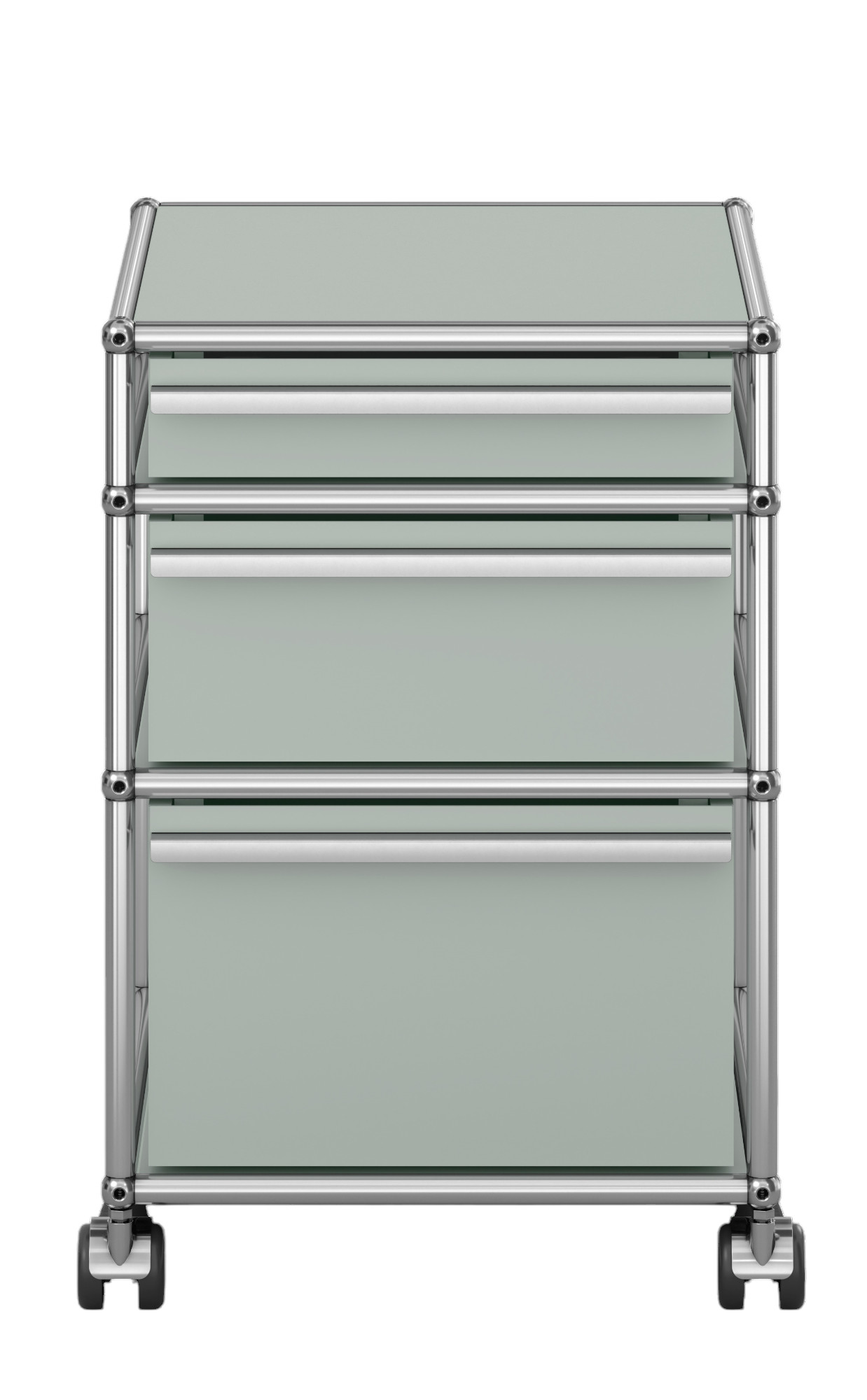 USM Haller Rollcontainer mit drei Schubladen in Lichtgrau, modernes Design für Büro und Zuhause.