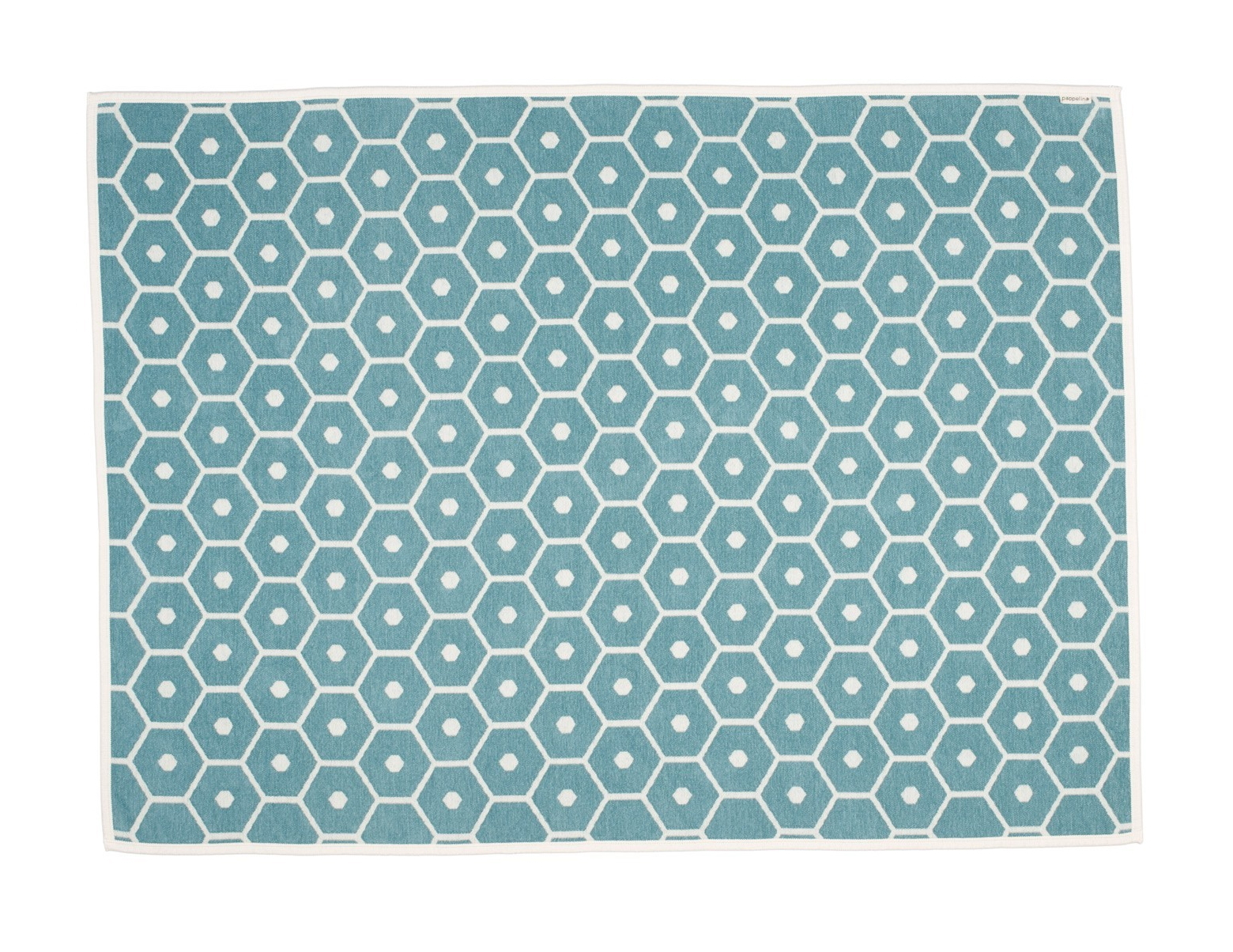 Türkisfarbene Honey Wolldecke von Pappelina mit geometrischem Muster aus Sechsecken und Punkten.