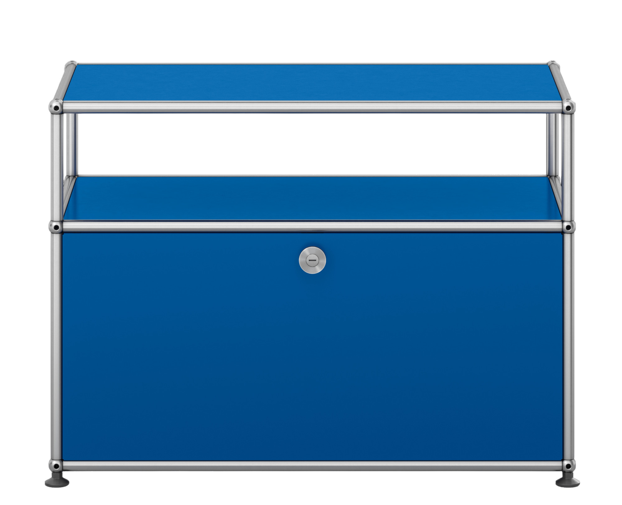 USM Haller Beistelltisch in Enzianblau mit einer Klappe und verchromtem Gestell, modernes Designmöbel.