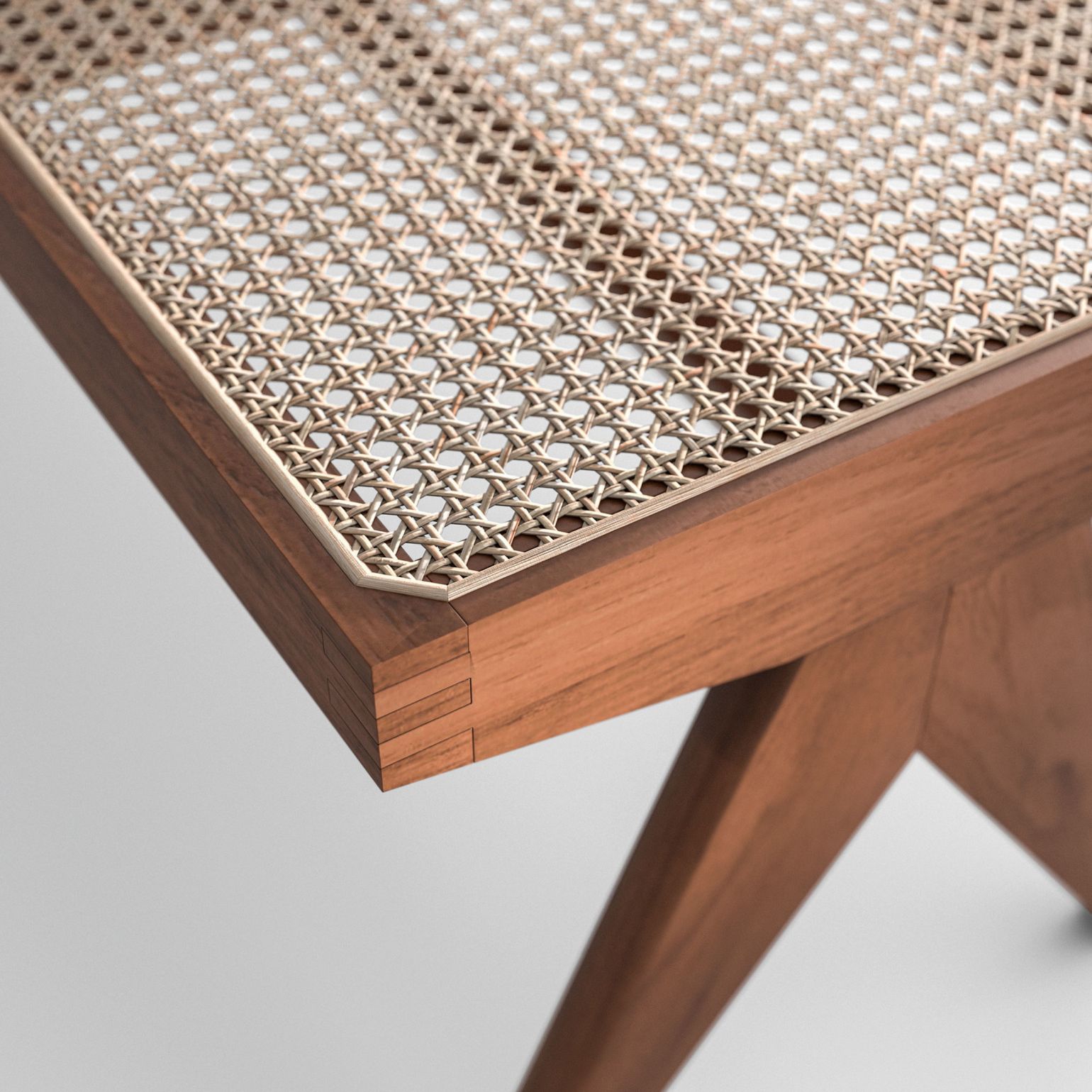 Detailaufnahme der Cassina 057 Civil Bench Bank aus Teakholz mit Wiener Geflecht Sitzfläche.