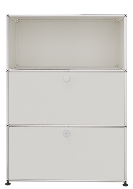 USM Haller Highboard in Reinweiß mit einem offenen Fach und zwei Schubladen für Büro und Wohnzimmer.