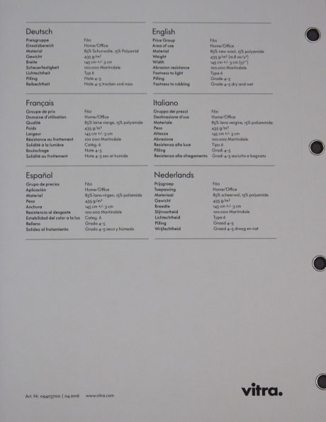Stoffmusterkarte Volo Vitra: Detailansicht der technischen Daten und Eigenschaften des hochwertigen Möbelstoffs.