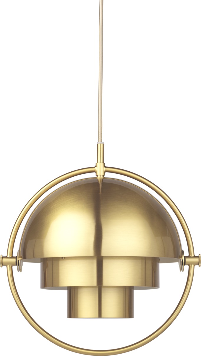 Goldene Multi-Lite Pendelleuchte von Gubi, moderne Hängelampe für Wohnzimmer und Esszimmer.
