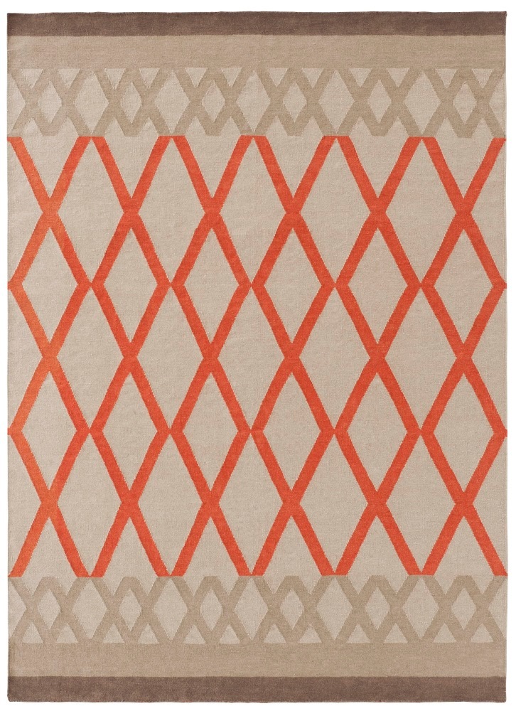 Kilim Sioux Teppich: Beige Teppich mit korallenroten Rautenmuster, ein moderner Wollteppich für Wohnzimmer und Schlafzimmer.