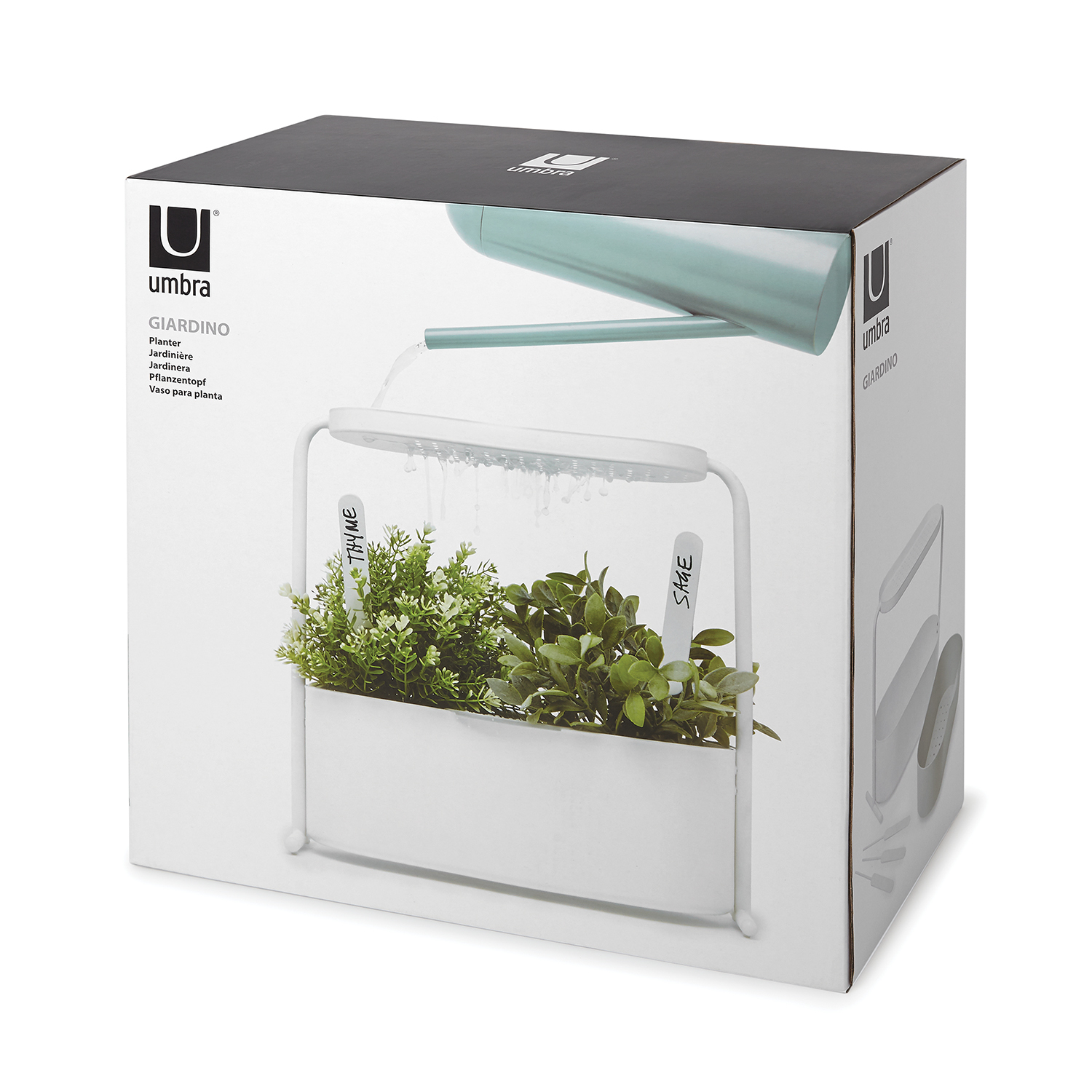 Verpackung des Giardino Planter Kräutertopf Umbra, ein automatischer Indoor-Kräutergarten für Küche und Fensterbank.