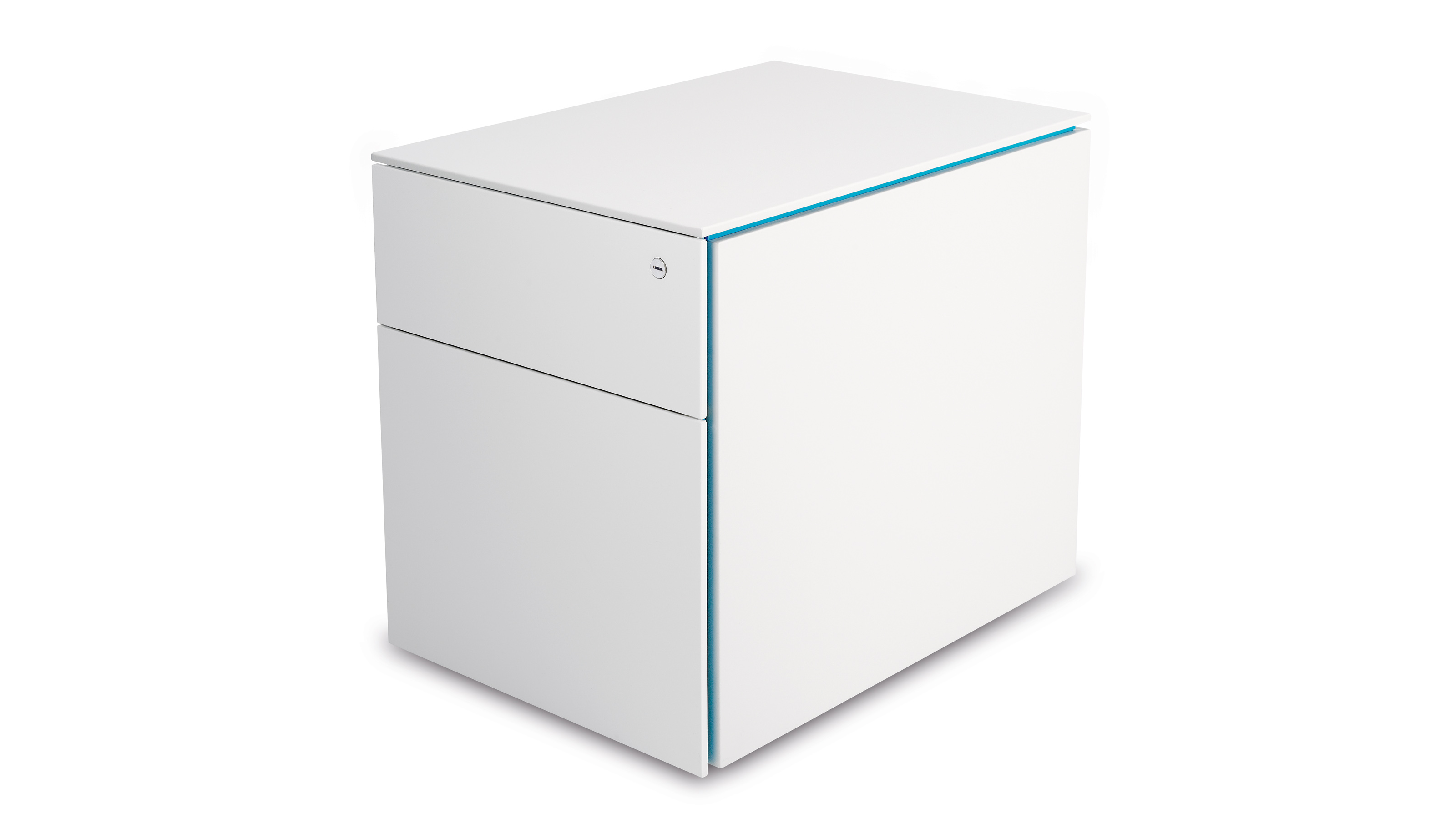 Weißer Steelcase Rollcontainer mit zwei Schubladen und blauen Akzenten für Büro und Arbeitszimmer.
