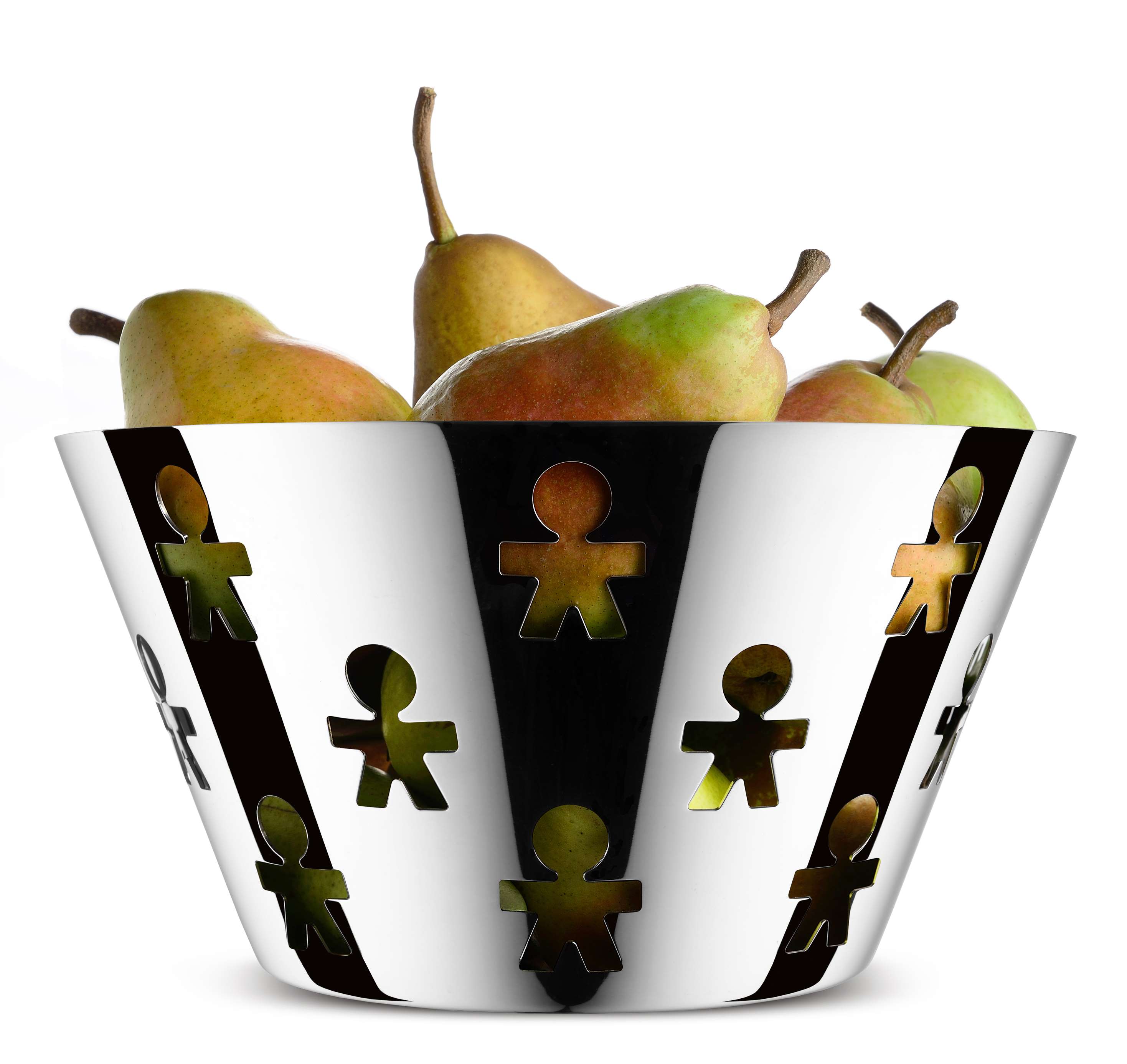 Gefüllte Alessi Girotondo Obstschale aus Edelstahl mit ausgestanzten Männchen-Motiven, moderne Tischdekoration.