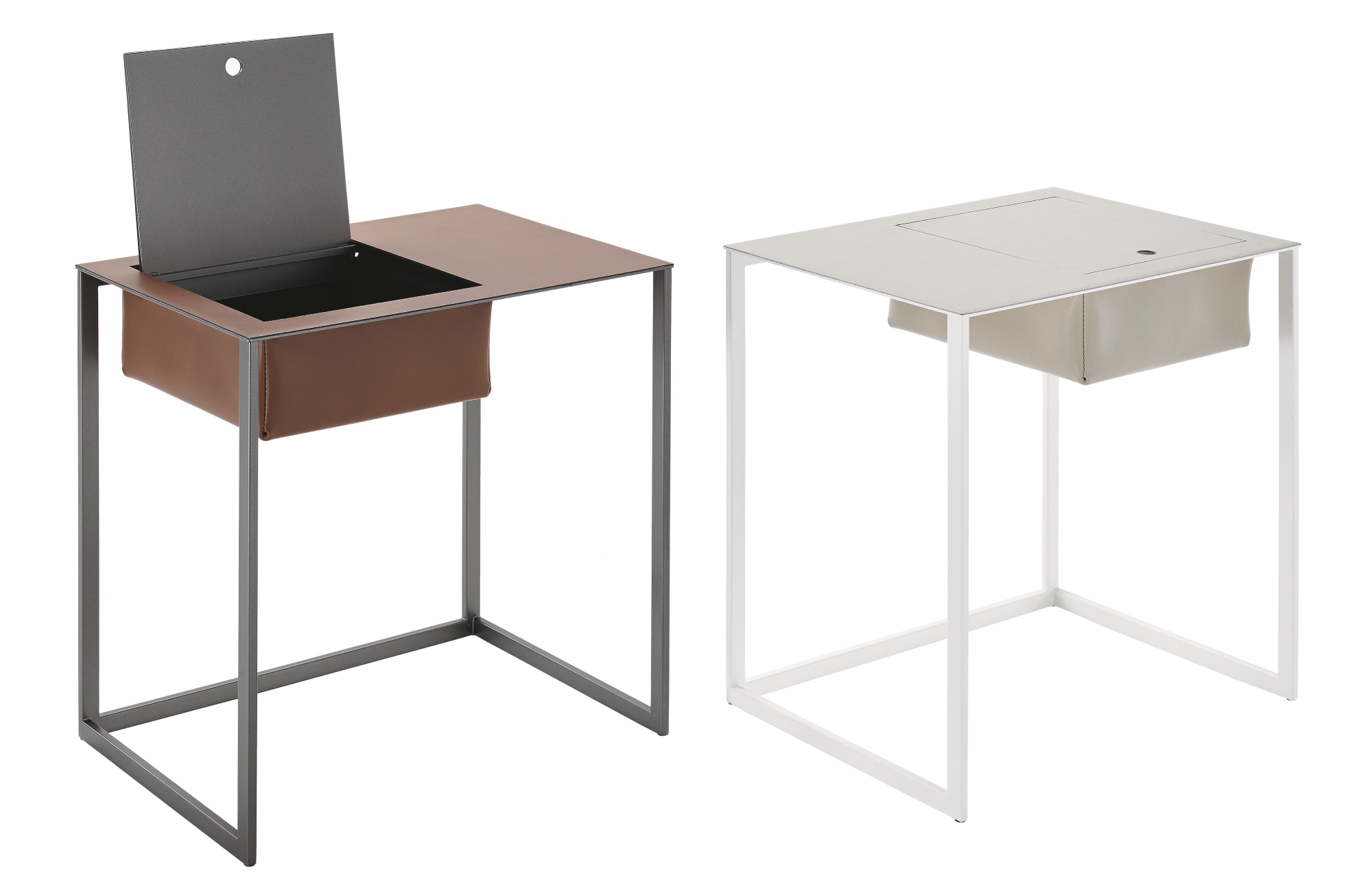 Zwei Zanotta Taschino Nachttische in Braun und Weiß mit Ablagefächern und minimalistischem Design.