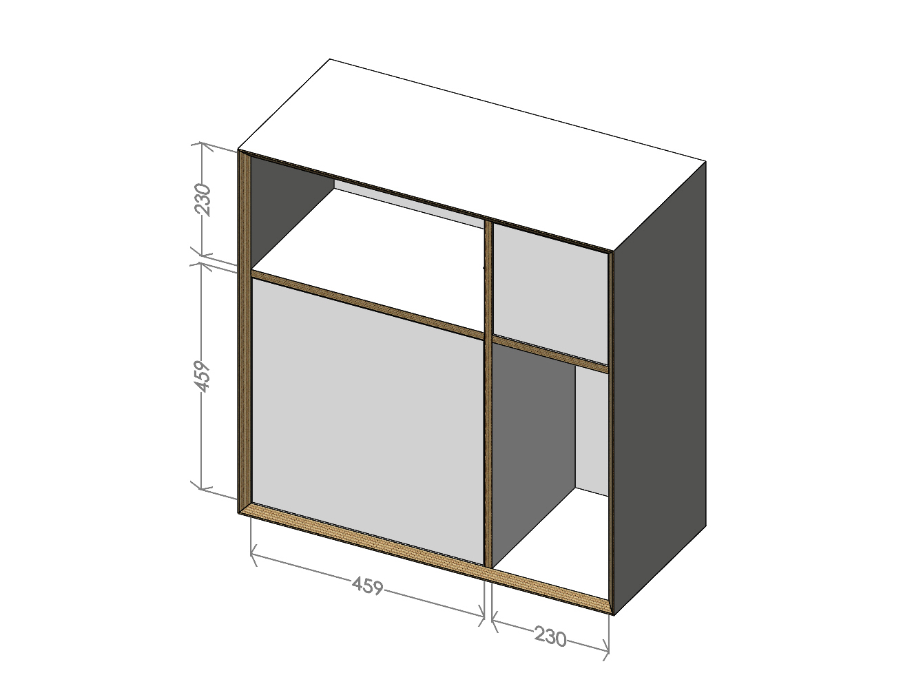 Vertiko Ply Regal von Müller Möbelwerkstätten, Ansicht mit Maßangaben, modernes Holzregal für Wohnzimmer und Büro.