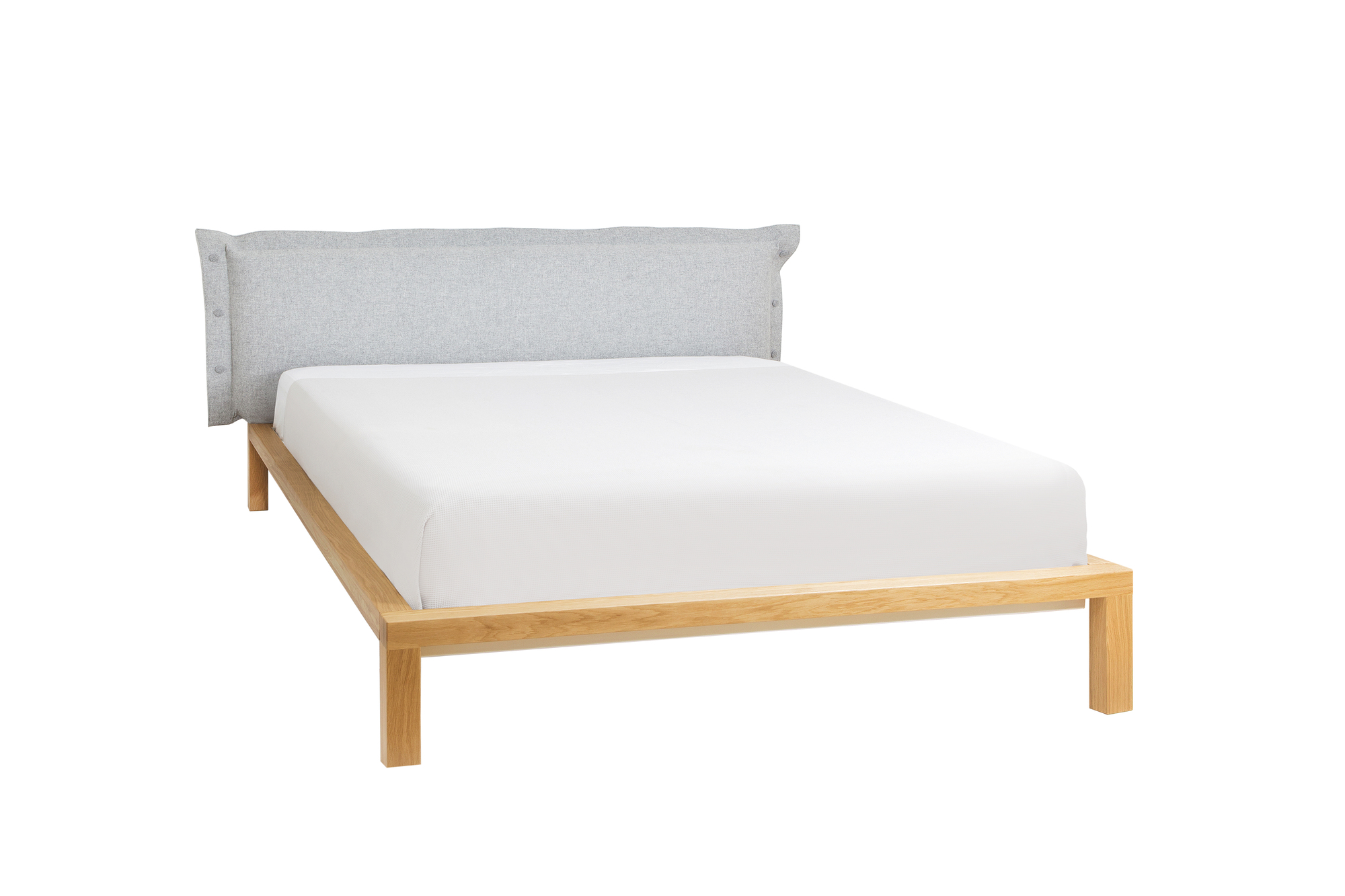 Pure Bett Eiche 180x200 mit grauem Polsterkopfteil. Modernes Holzbett für Schlafzimmer.