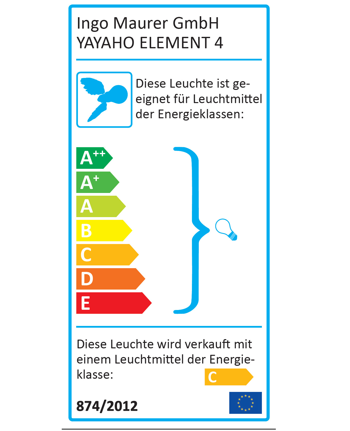 Energielabel der Ingo Maurer YAYAHO Element 4 Leuchte, Energieeffizienz von A++ bis E, verkauft mit Leuchtmittel der Klasse C.